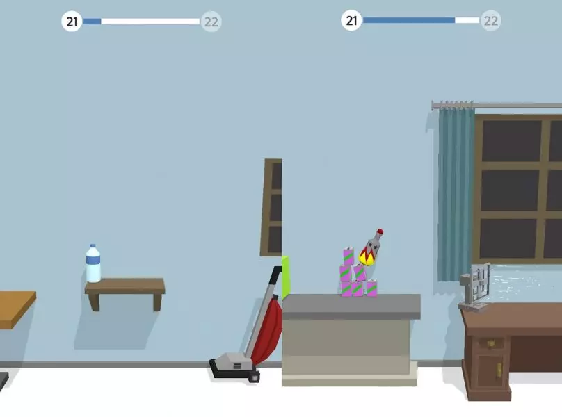 Water bottle flipping through air toward a wooden table in Bottle Flip 3D