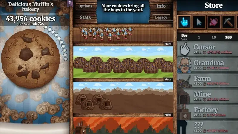 Cookie Clicker building list and production upgrades panel