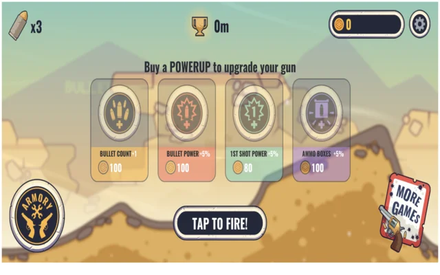 Gun Spin upgrade screen and long-distance run result