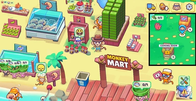 Monkey Mart expanded supermarket with multiple product sections and hired staff monkeys