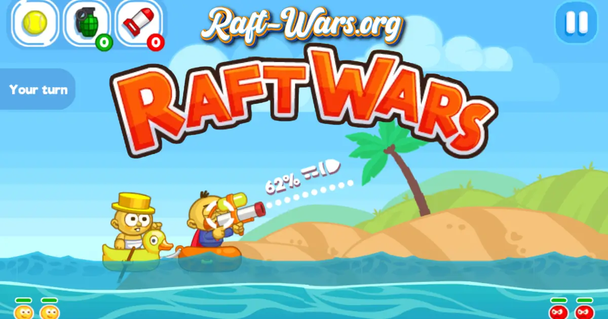 Raft Wars battle with trajectory aiming and water combat