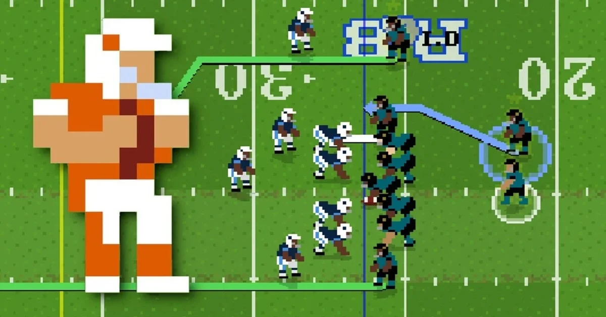 Retro Bowl offense running a pass play in a pixel football stadium