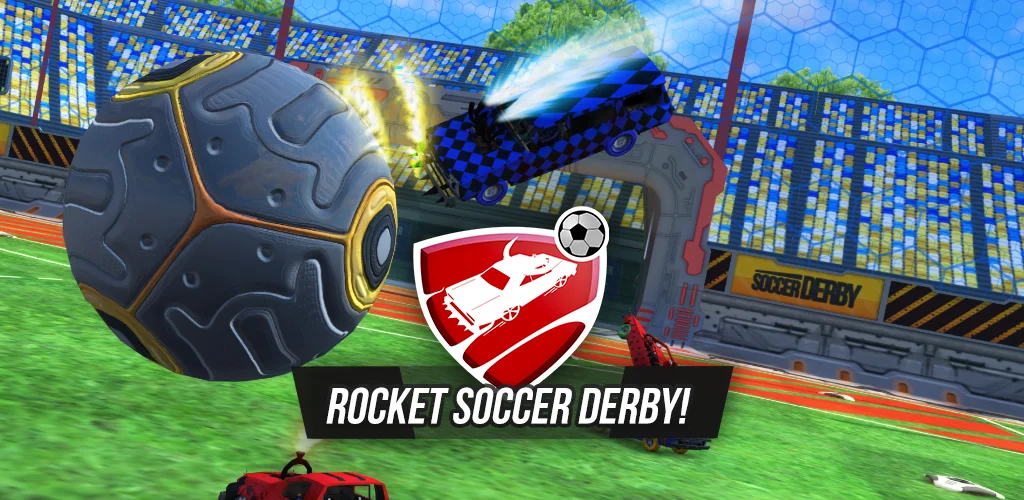 Rocket Soccer Derby arena combat with players exchanging weapon fire on floating platforms