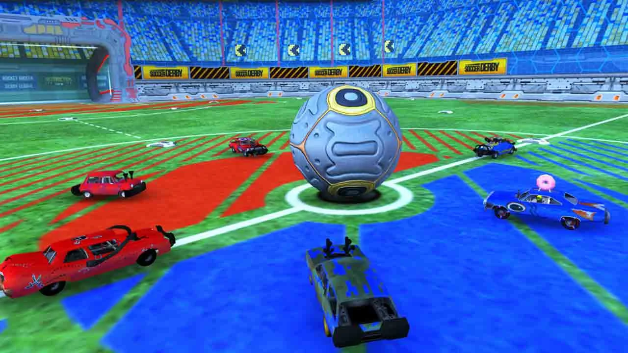 Rocket Soccer Derby intense 4-player battle with explosions and weapons across the arena