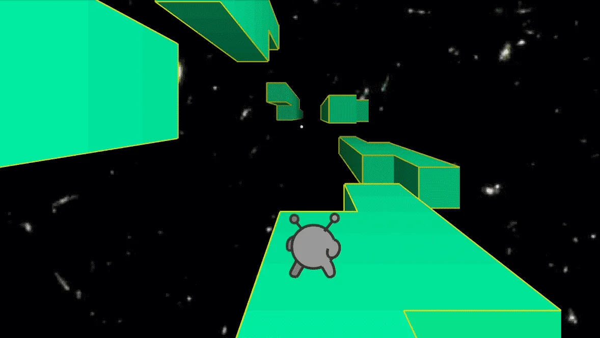 Run 2 character running through a rotating space tunnel with tile gaps