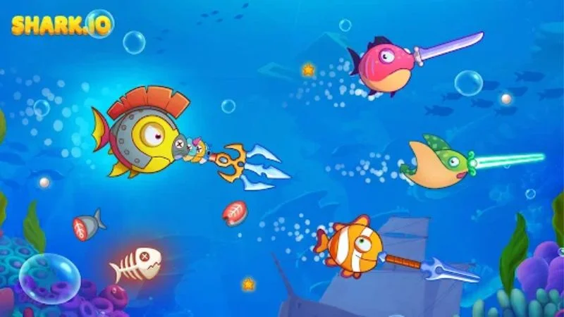 Shark.io arena battle with multiple predators circling prey