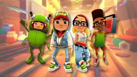 Subway Surfers jetpack power-up in action with coin trail above the tracks