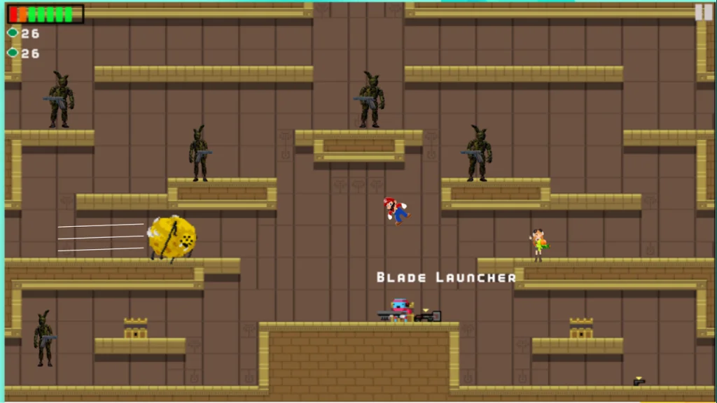 Temple of Boom player picking up a weapon surrounded by enemy waves