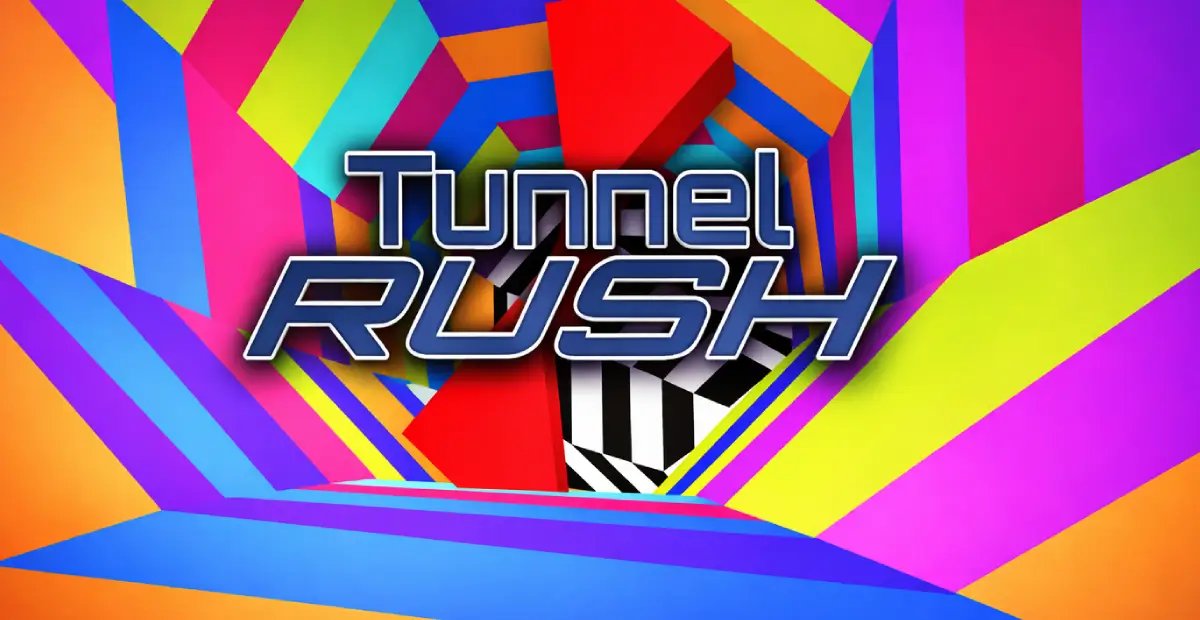 Tunnel Rush neon tunnel with spinning geometric obstacles approaching at speed